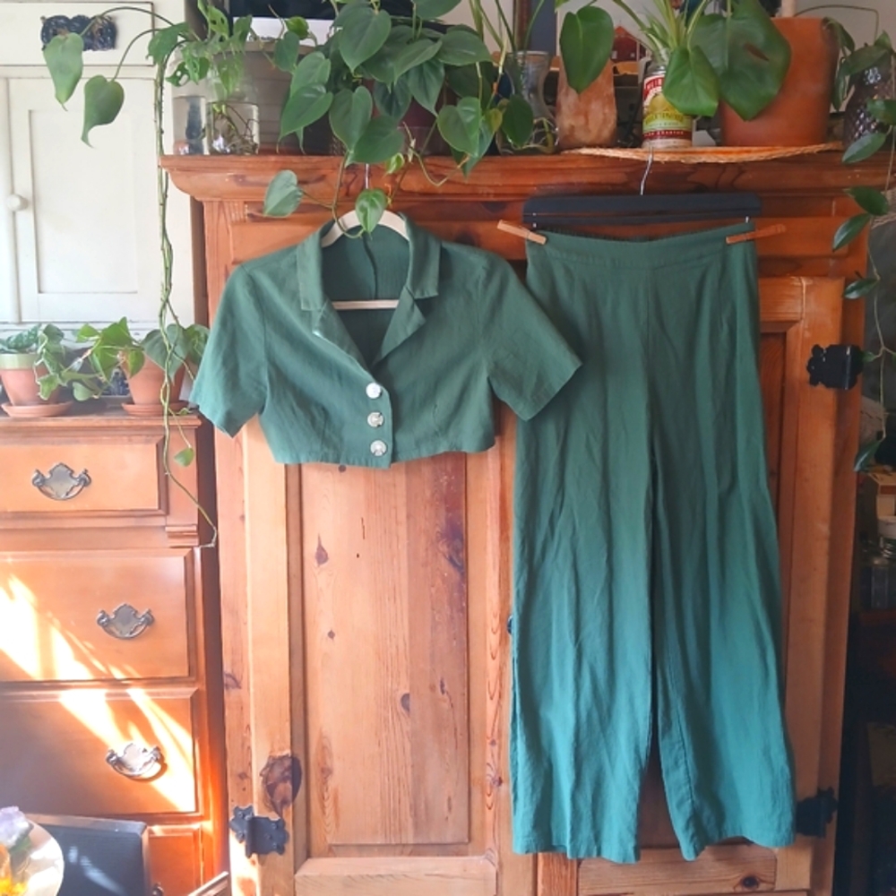 Green Two Piece Set 40s Style High Waist Linen Look Size Small Summer